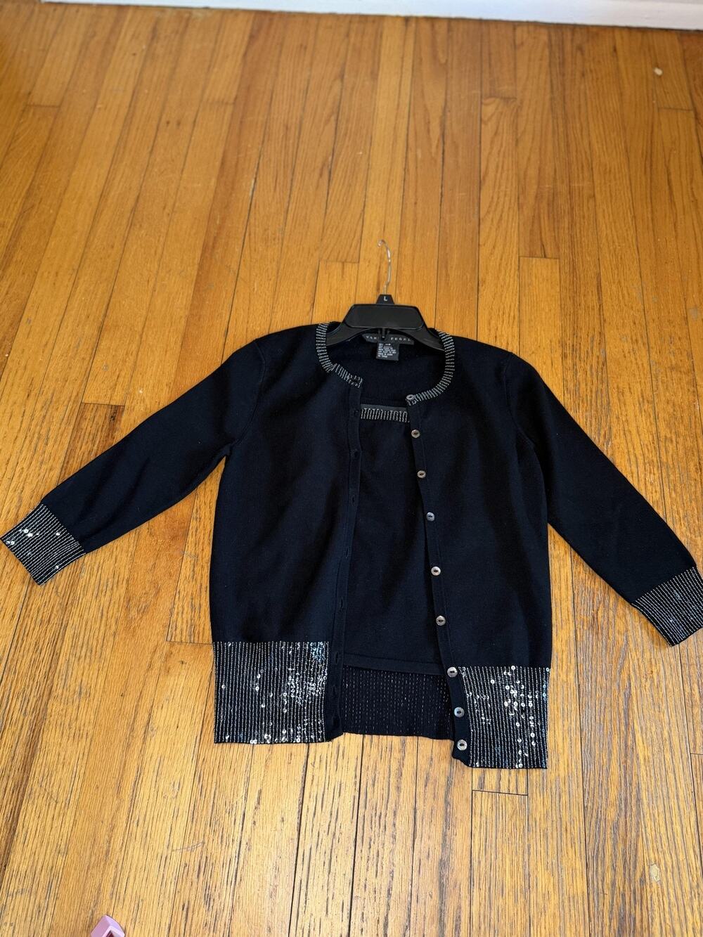 Yansi Fugel Womens Black Silk Sweater Twin Set XS Sequin Trim Cardigan Shell